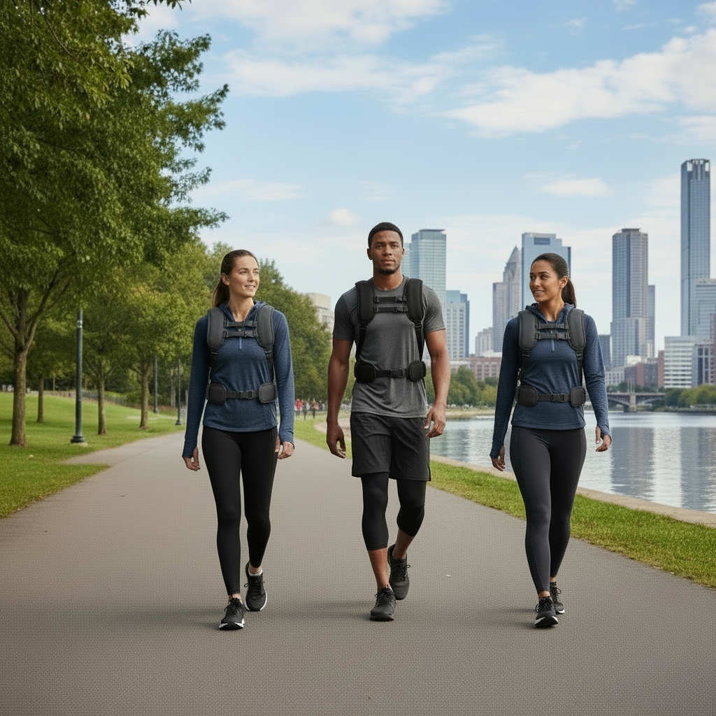 Four people wearing Corra vests on greenway